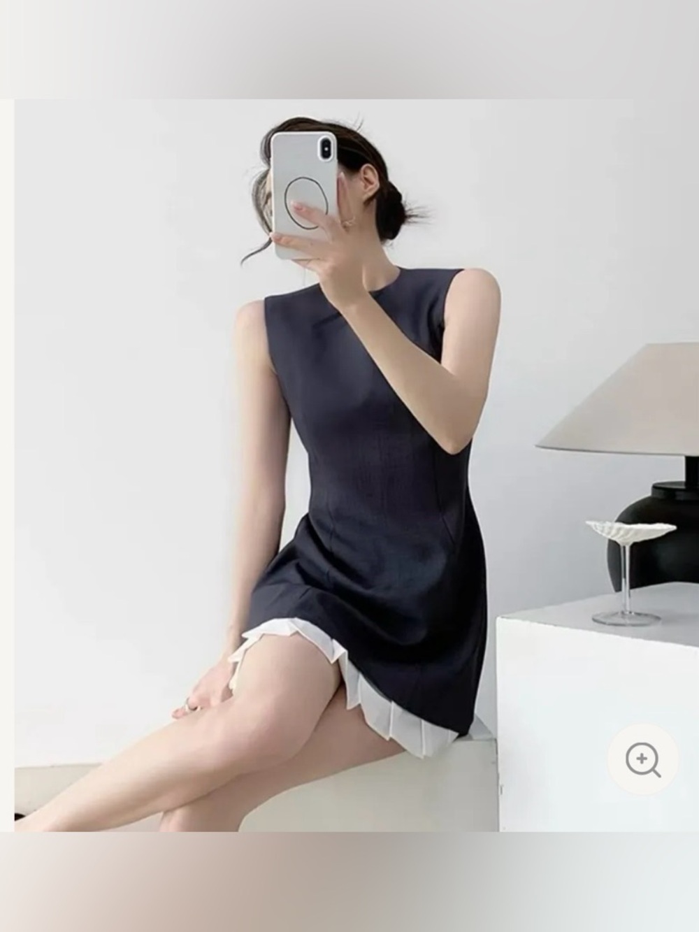 Black Minimalist Mini Dress w/ White Pleated Hem | Quiet Luxury | Size S